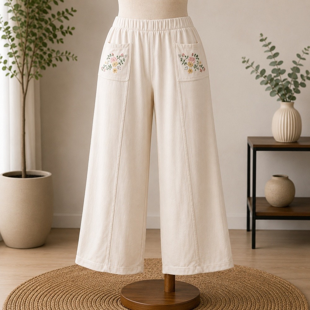 NEW LOGO Lori Goldstein LIFE Crop Pants 1X Cream Floral Embroidered Pockets